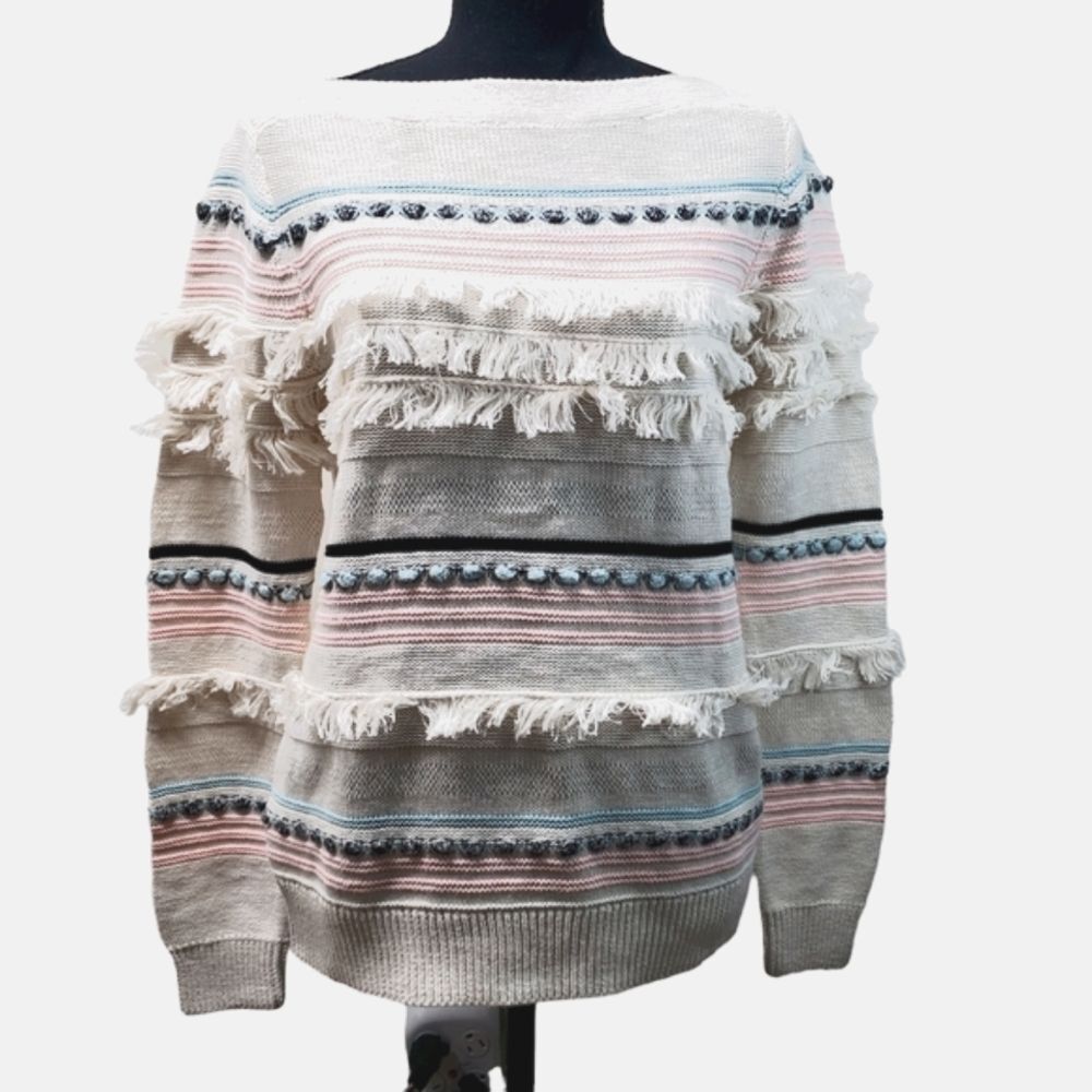 LOFT Small Fringe Striped Cotton Boho Sweater
